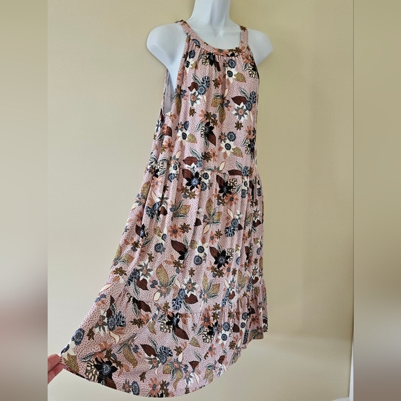 LOFT Pink Floral Sleeveless Halter Tiered Swing Dress Size 14 - Picture 9 of 11